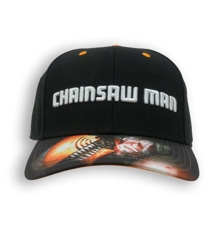 Chainsawman Logo Embroidered Cap with Digital Print Peak - Black-Bioworld International Outlet