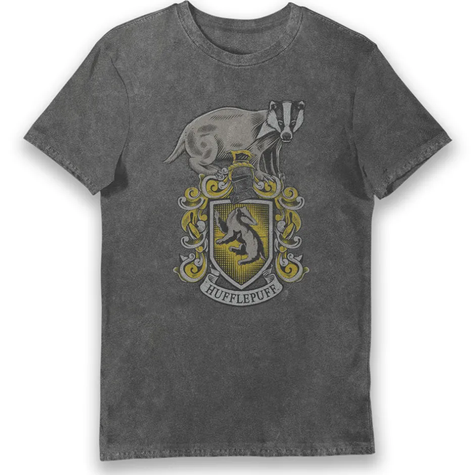 Harry Potter Hufflepuff House Crest Grey Vintage Style Adults T-Shirt-Bioworld International New