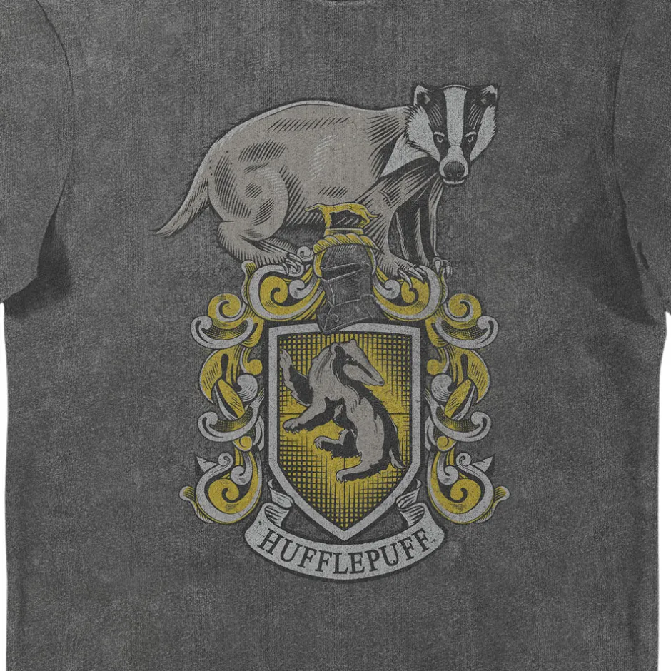 Harry Potter Hufflepuff House Crest Grey Vintage Style Adults T-Shirt-Bioworld International New