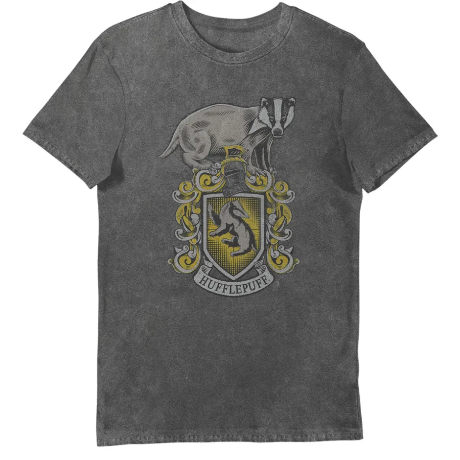 Harry Potter Hufflepuff House Crest Grey Vintage Style Adults T-Shirt-Bioworld International New