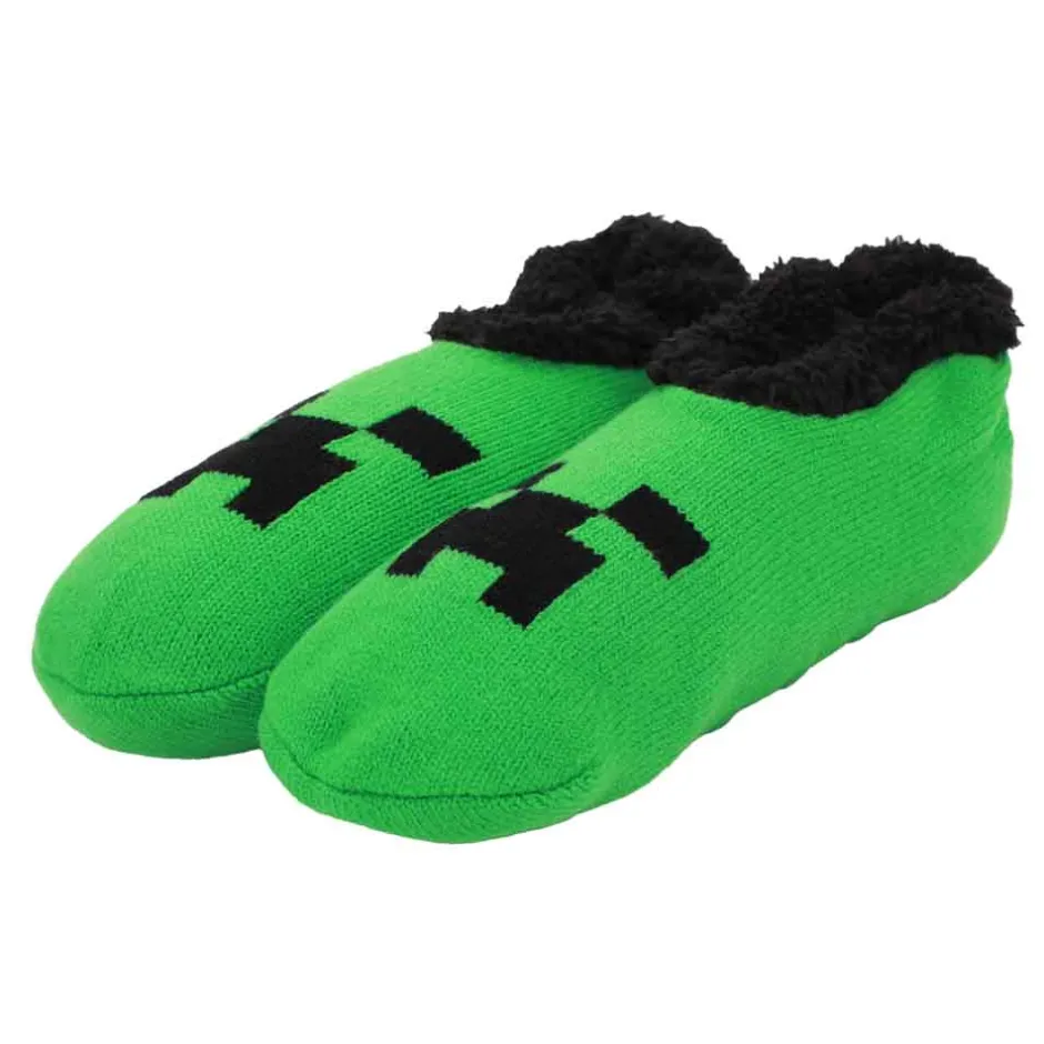 Minecraft Creeper Face Women’s Green Slipper Socks-Bioworld International Online