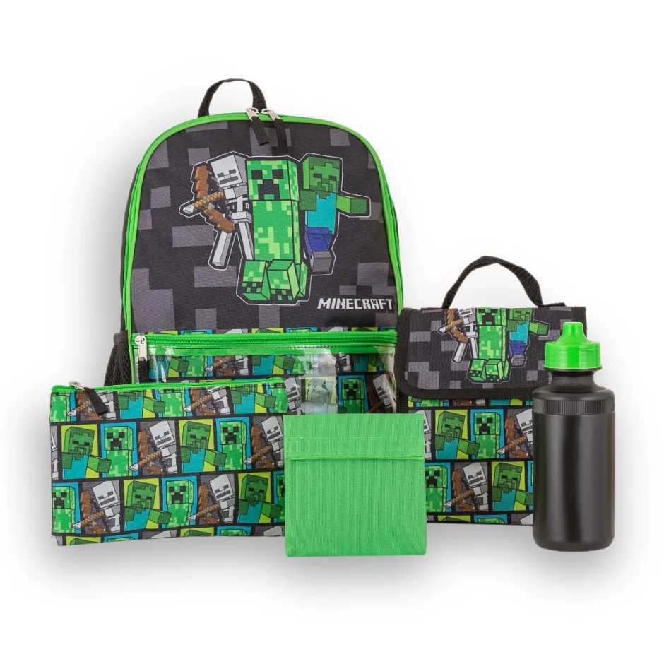 Minecraft Creeper Zombie Wither Kids 5 Piece Backpack Set-Bioworld International Store