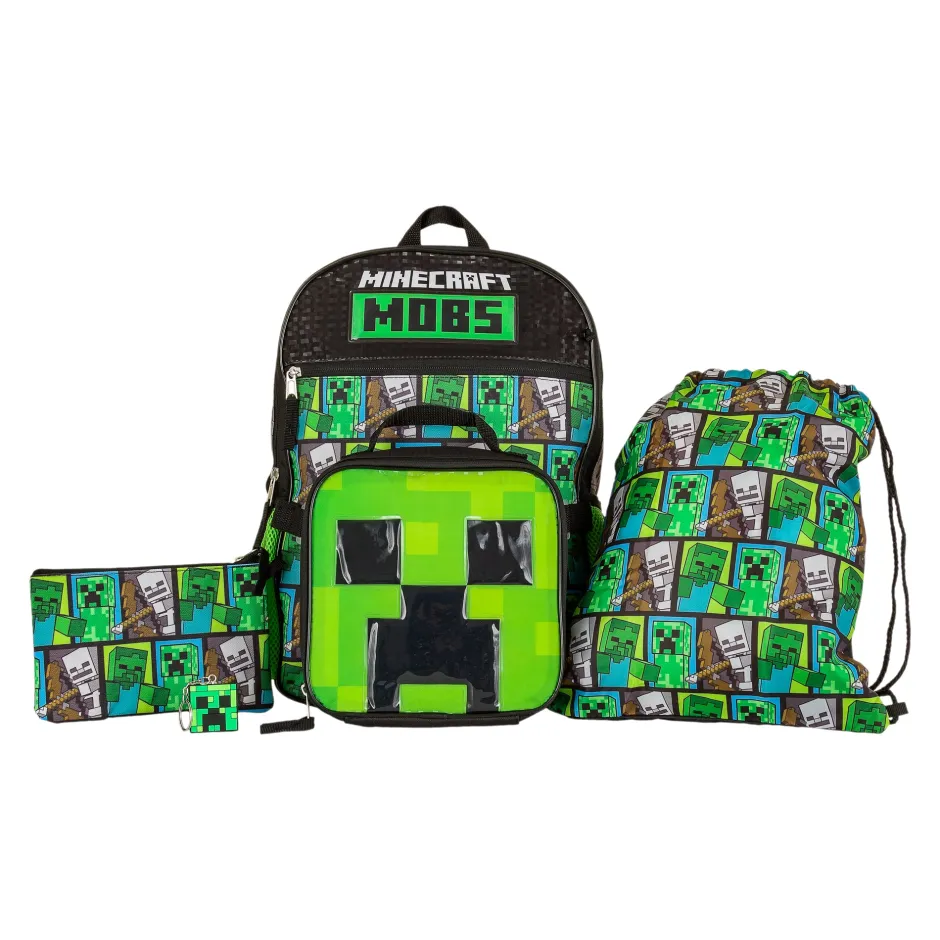 Minecraft Mobs Creeper Zombie Kids Back to School 5 Piece Backpack Set-Bioworld International Clearance