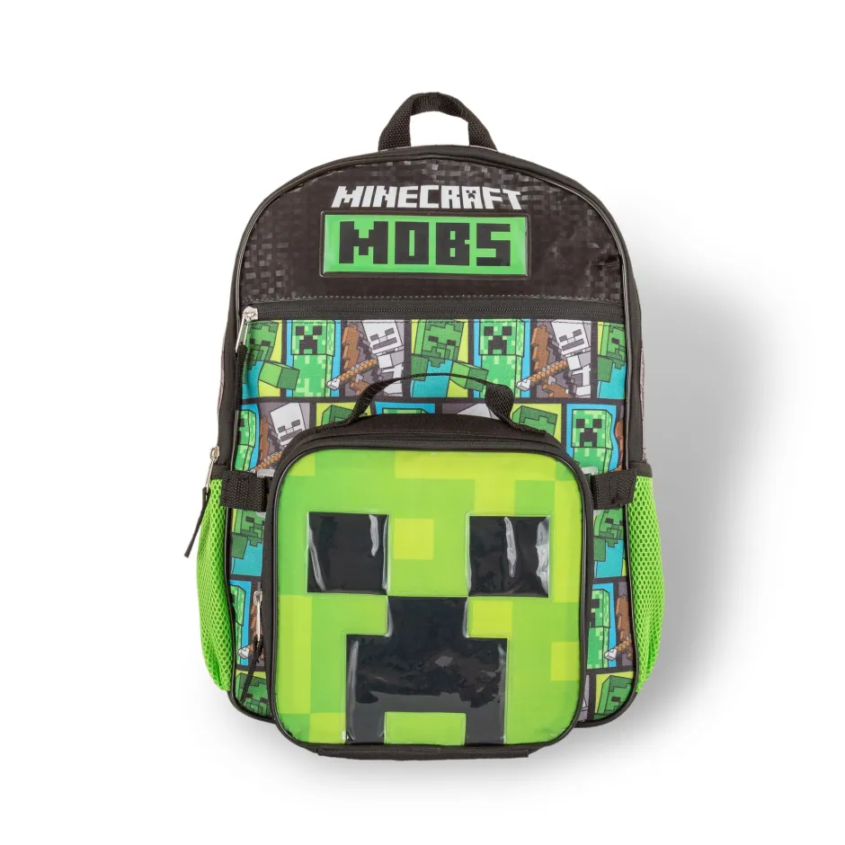 Minecraft Mobs Creeper Zombie Kids Back to School 5 Piece Backpack Set-Bioworld International Clearance