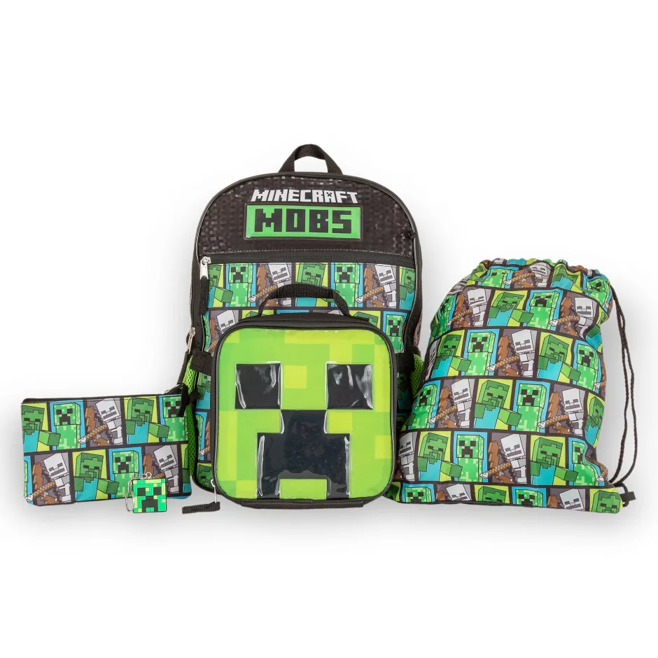 Minecraft Mobs Creeper Zombie Kids Back to School 5 Piece Backpack Set-Bioworld International Clearance
